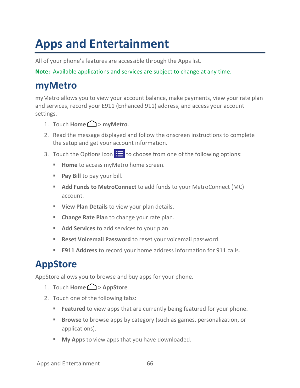 Apps and entertainment, Mymetro, Appstore | Kyocera Hydro LIFE User Manual | Page 75 / 181