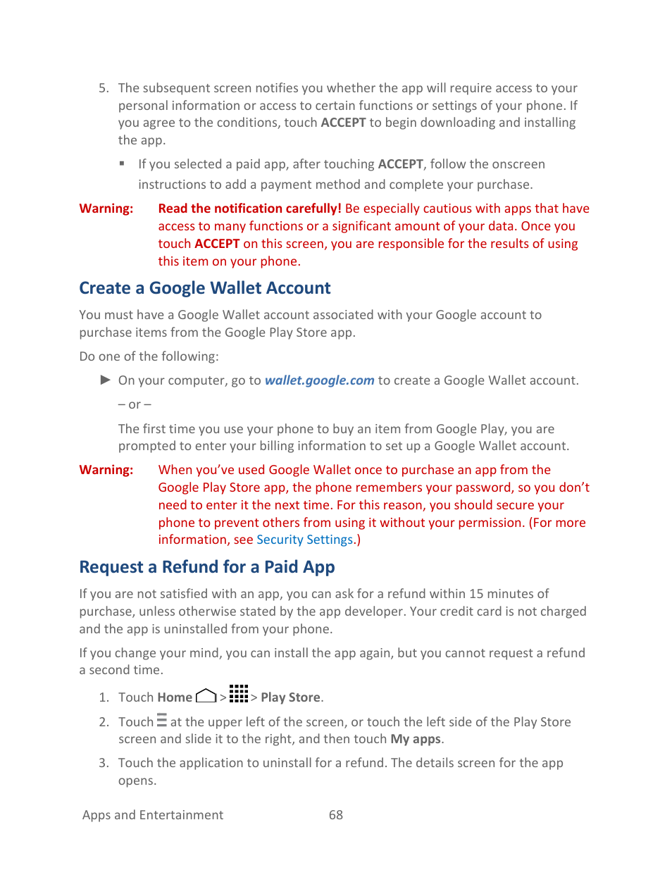 Create a google wallet account, Request a refund for a paid app, Create | A google wallet account | Kyocera Hydro LIFE User Manual | Page 77 / 181