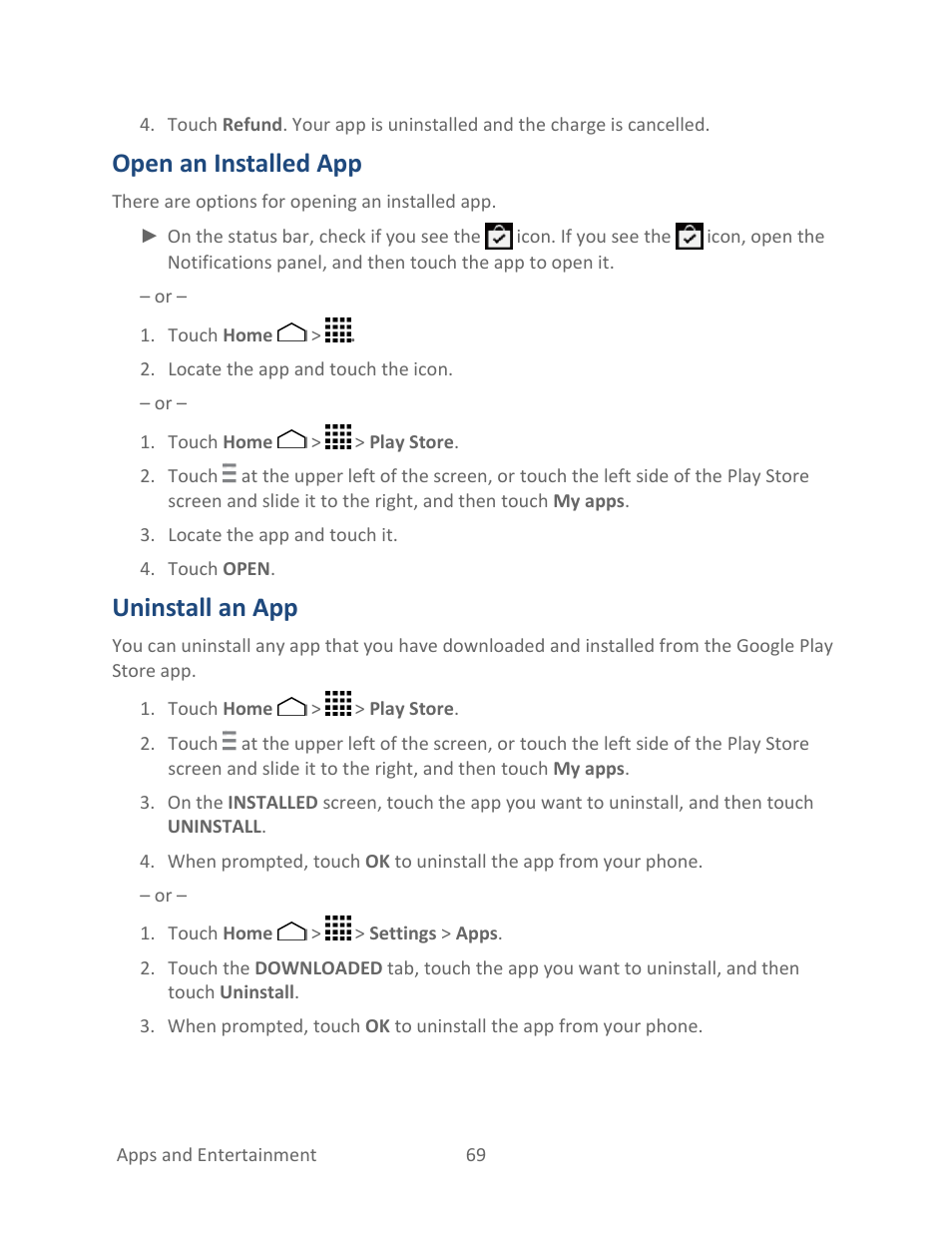 Open an installed app, Uninstall an app | Kyocera Hydro LIFE User Manual | Page 78 / 181