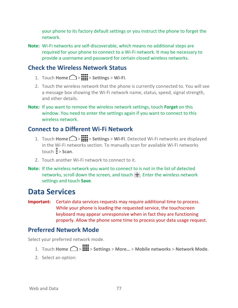 Check the wireless network status, Connect to a different wi-fi network, Data services | Preferred network mode | Kyocera Hydro LIFE User Manual | Page 86 / 181