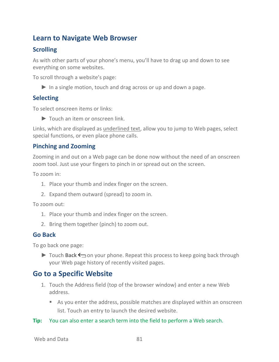 Learn to navigate web browser, Go to a specific website, Learn to | Navigate web browser | Kyocera Hydro LIFE User Manual | Page 90 / 181