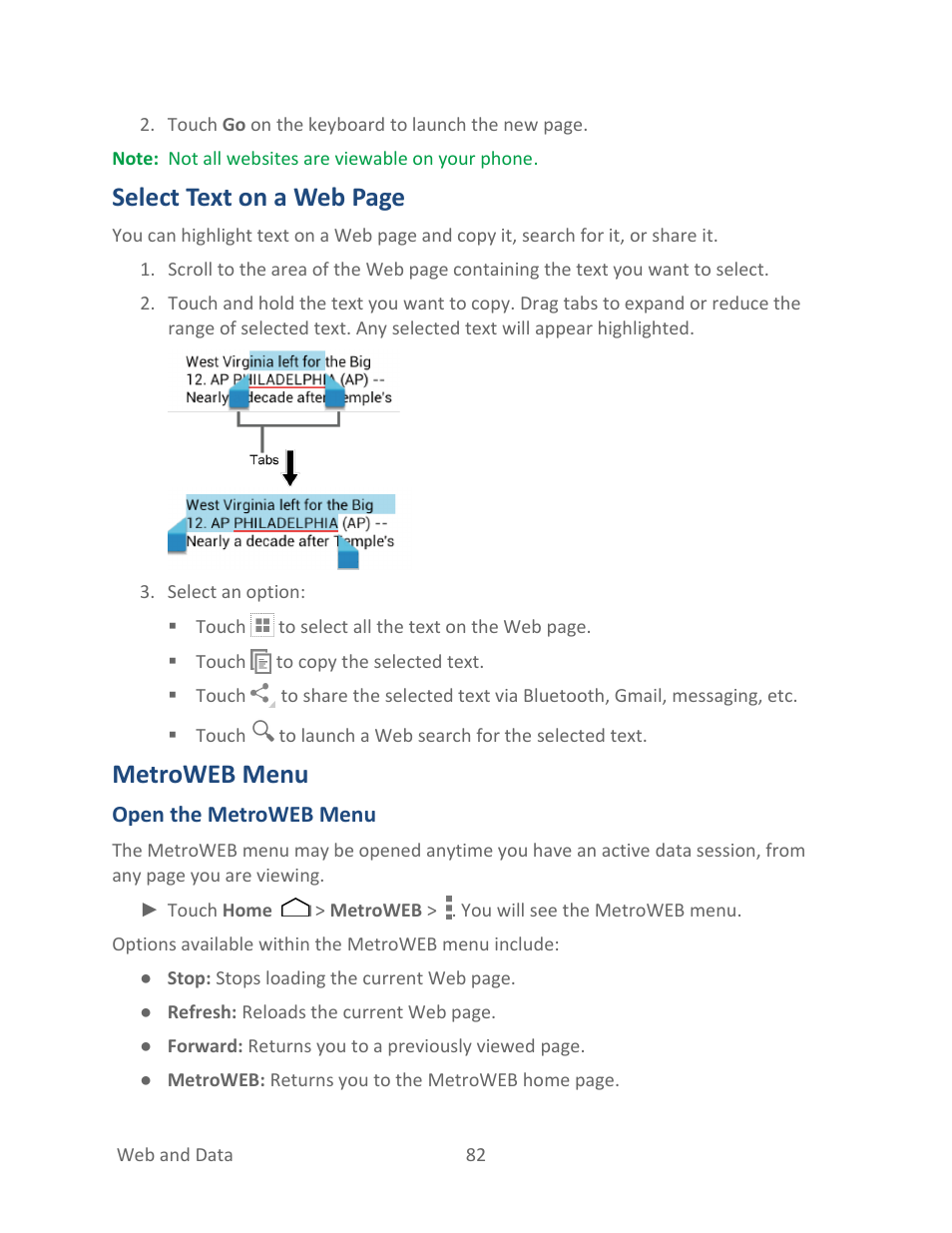 Metroweb menu, Select text on a web page | Kyocera Hydro LIFE User Manual | Page 91 / 181