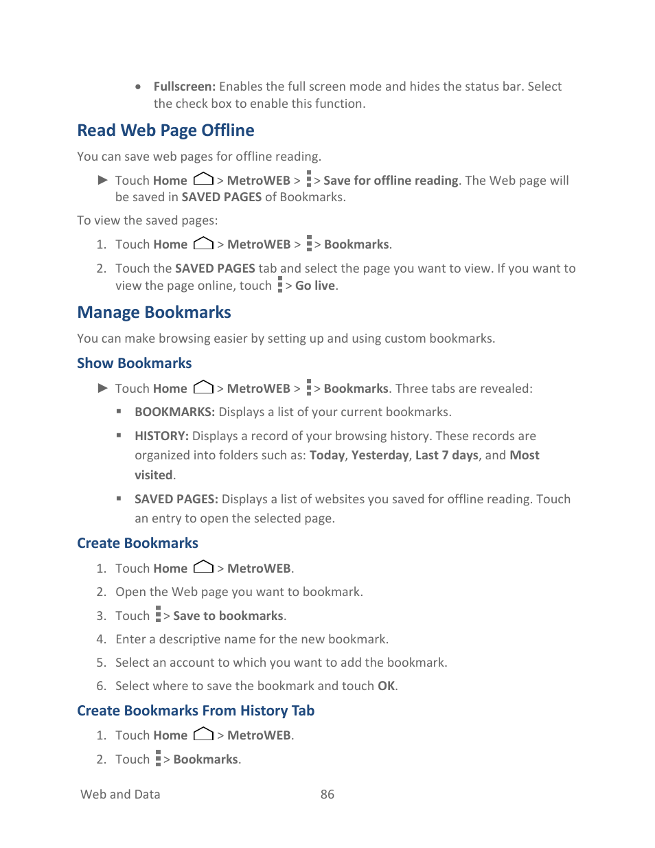 Manage bookmarks, Read web page offline | Kyocera Hydro LIFE User Manual | Page 95 / 181