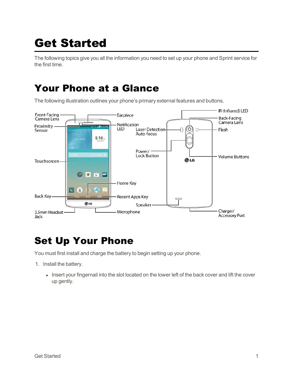 Get started, Your phone at a glance, Set up your phone | LG G3 Vigor User Manual | Page 10 / 199