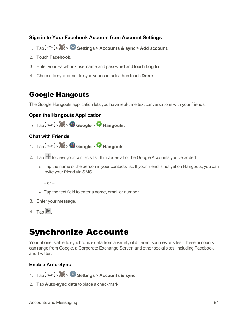 Google hangouts, Synchronize accounts | LG G3 Vigor User Manual | Page 103 / 199