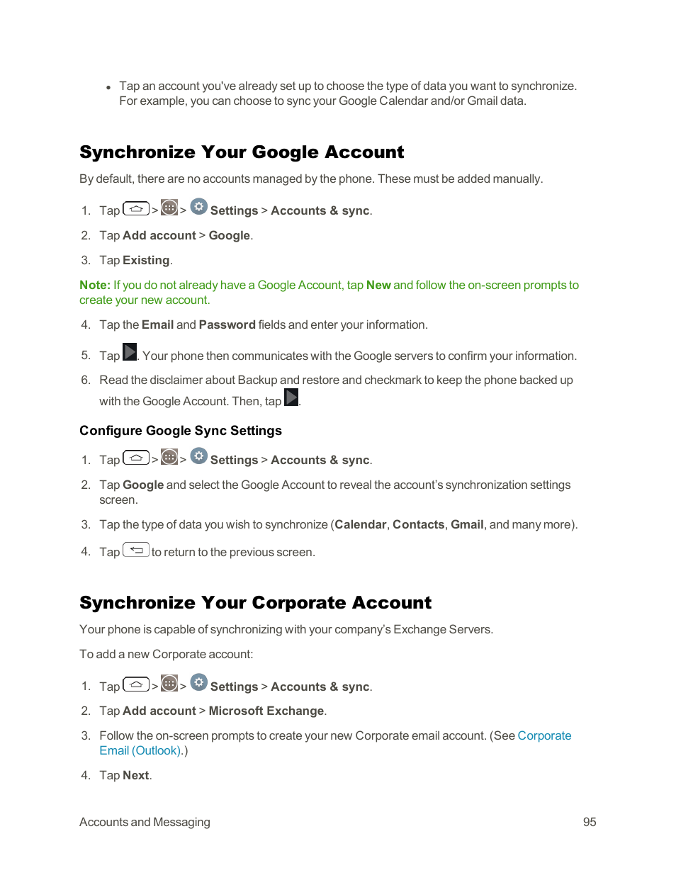 Synchronize your google account, Synchronize your corporate account | LG G3 Vigor User Manual | Page 104 / 199