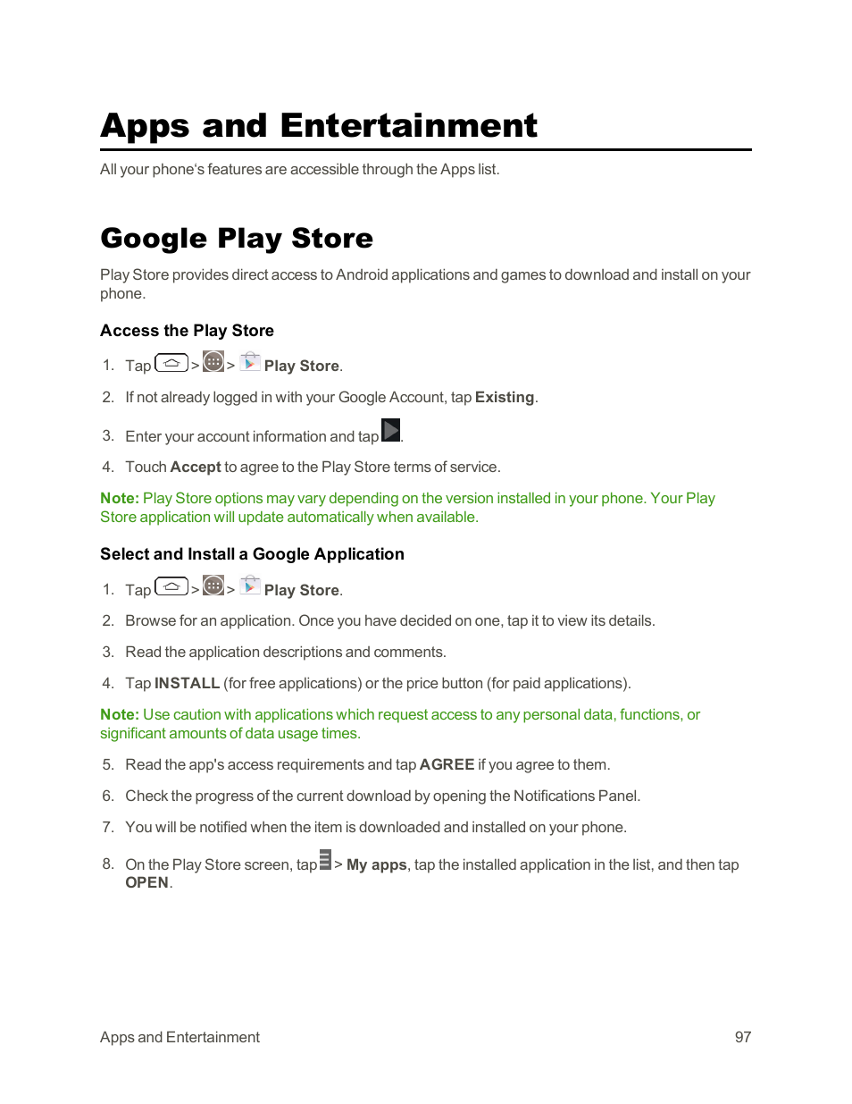 Apps and entertainment, Google play store | LG G3 Vigor User Manual | Page 106 / 199