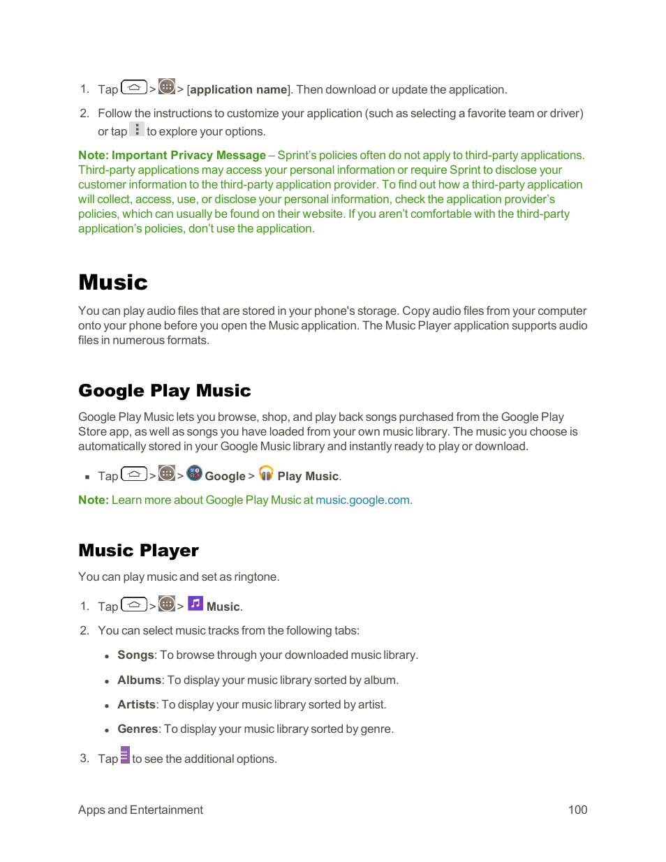Music, Google play music, Music player | LG G3 Vigor User Manual | Page 109 / 199