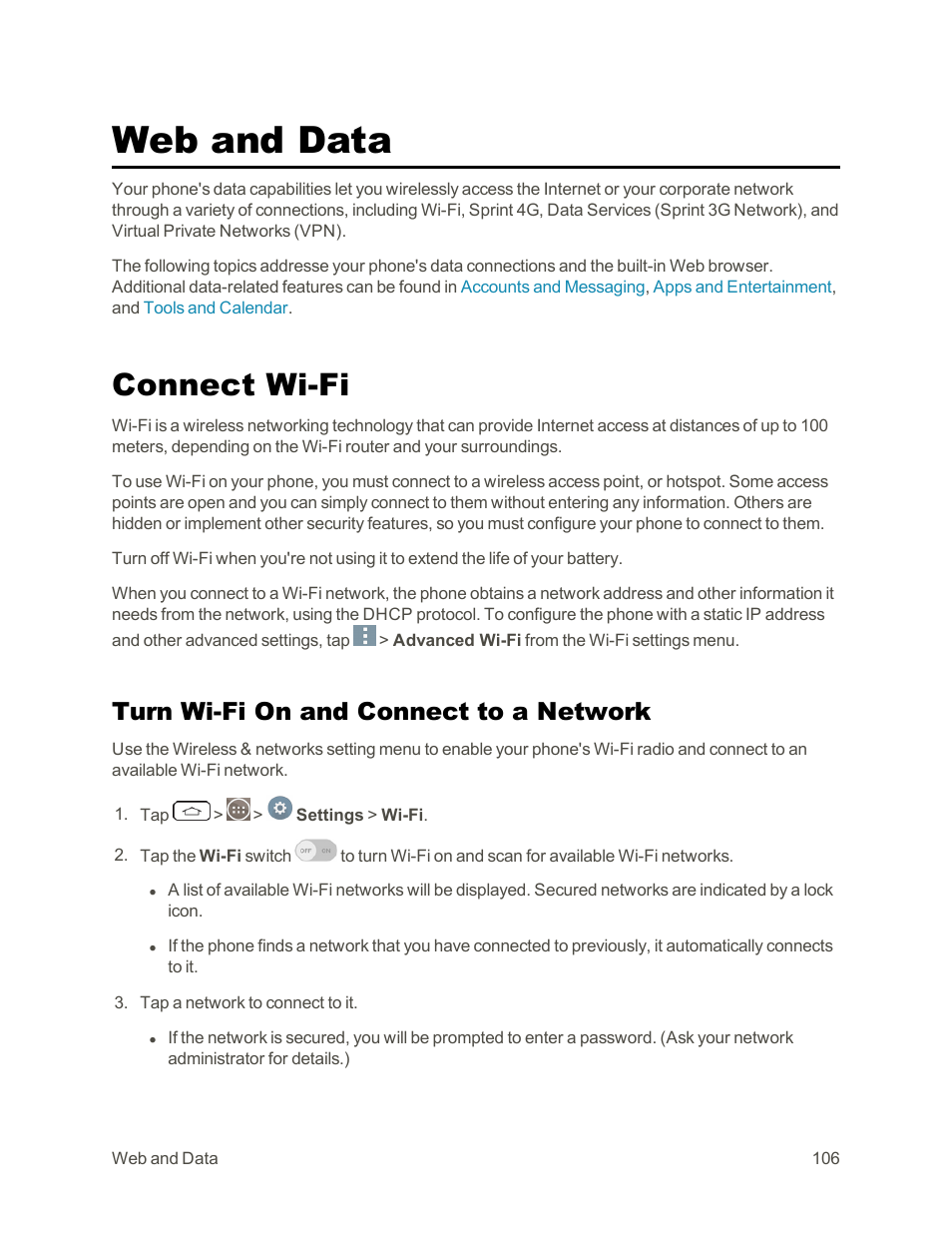 Web and data, Connect wi-fi, Turn wi-fi on and connect to a network | LG G3 Vigor User Manual | Page 115 / 199
