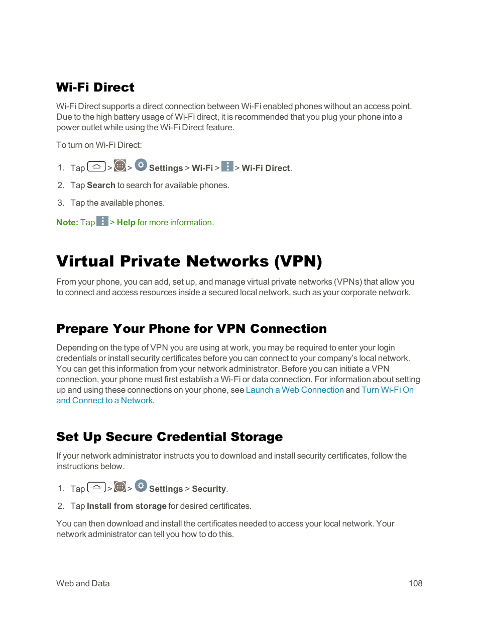 Wi-fi direct, Virtual private networks (vpn), Prepare your phone for vpn connection | Set up secure credential storage | LG G3 Vigor User Manual | Page 117 / 199