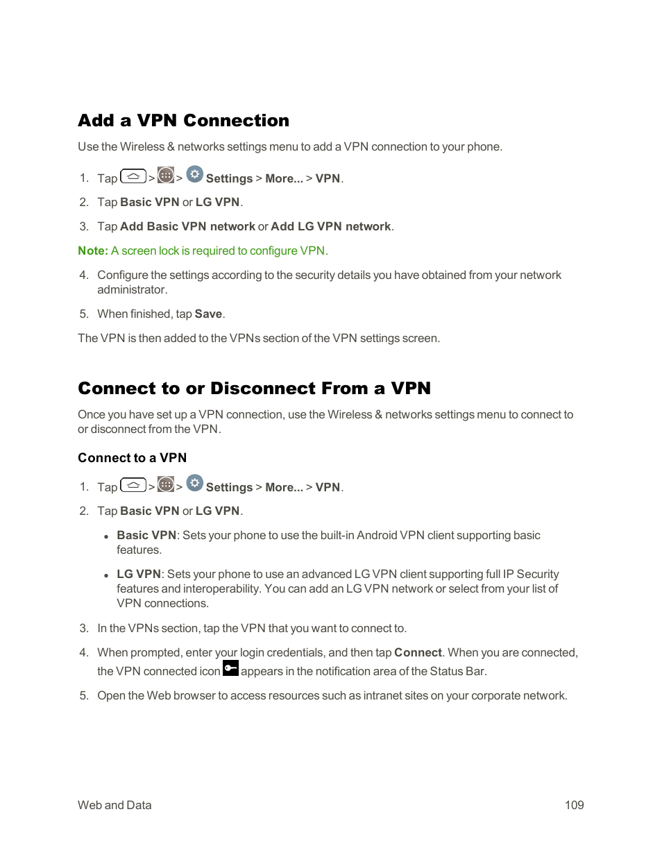 Add a vpn connection, Connect to or disconnect from a vpn | LG G3 Vigor User Manual | Page 118 / 199
