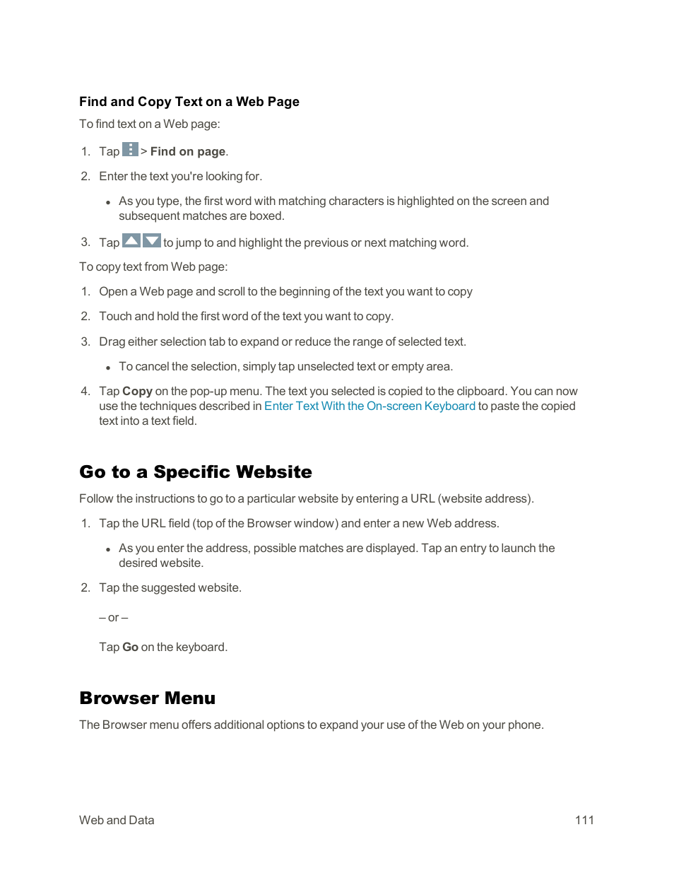 Go to a specific website, Browser menu | LG G3 Vigor User Manual | Page 120 / 199