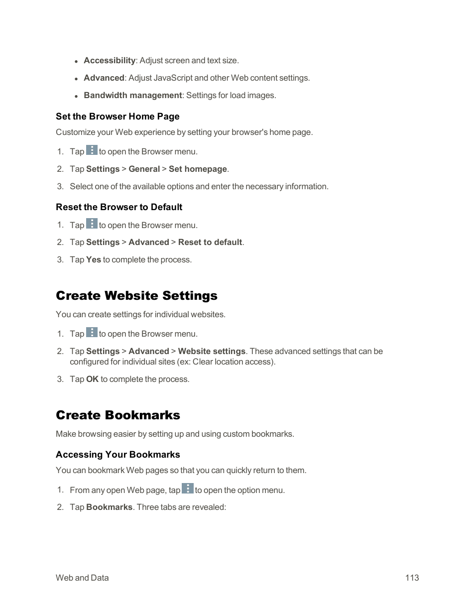 Create website settings, Create bookmarks | LG G3 Vigor User Manual | Page 122 / 199