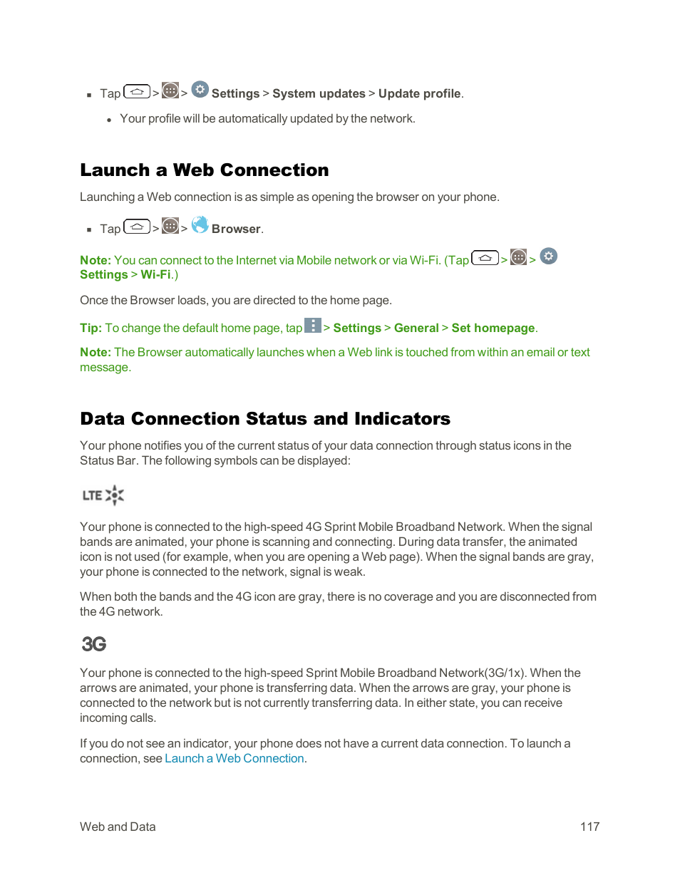 Launch a web connection, Data connection status and indicators | LG G3 Vigor User Manual | Page 126 / 199