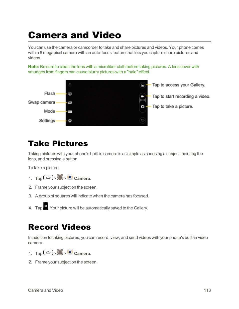 Camera and video, Take pictures, Record videos | LG G3 Vigor User Manual | Page 127 / 199