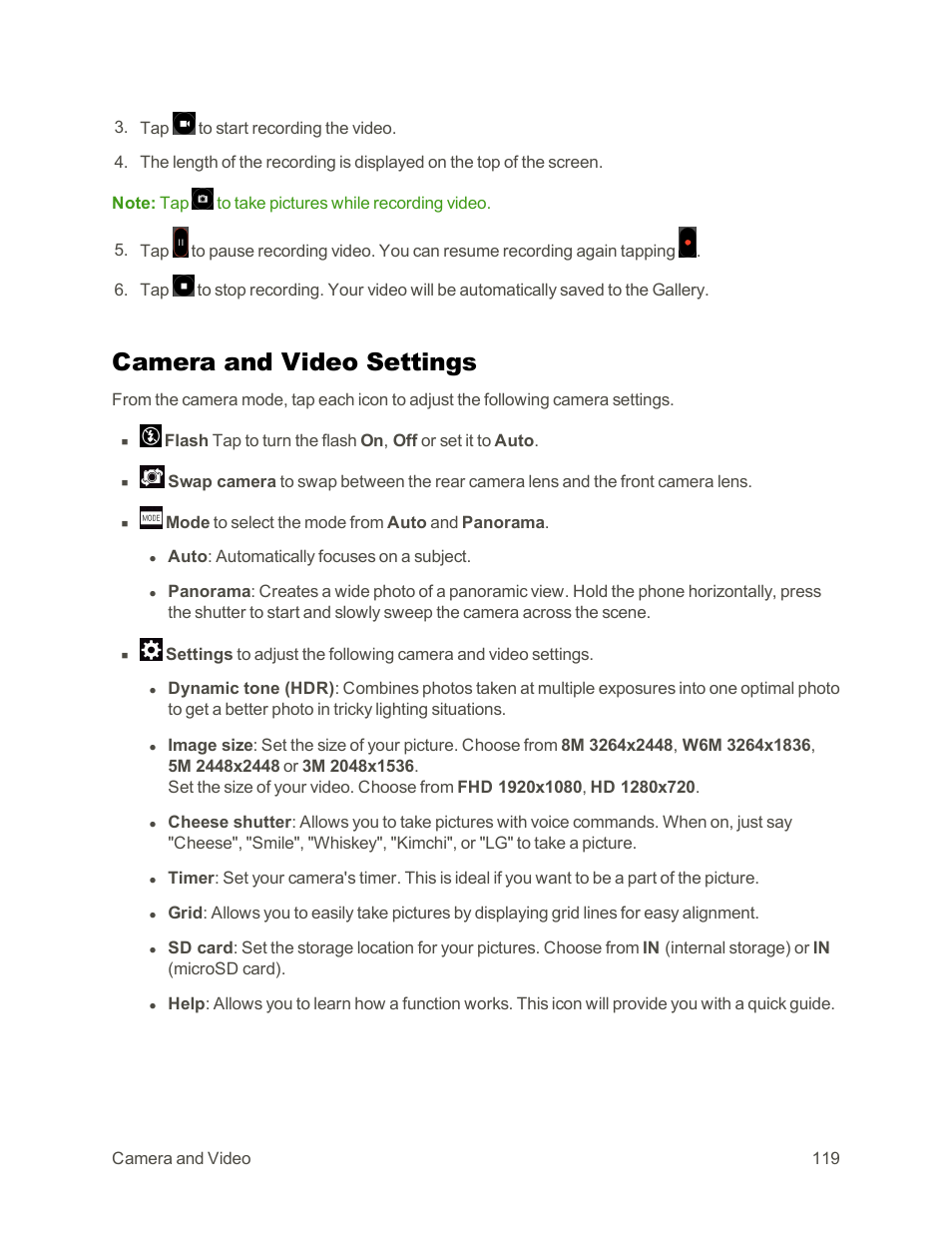 Camera and video settings | LG G3 Vigor User Manual | Page 128 / 199
