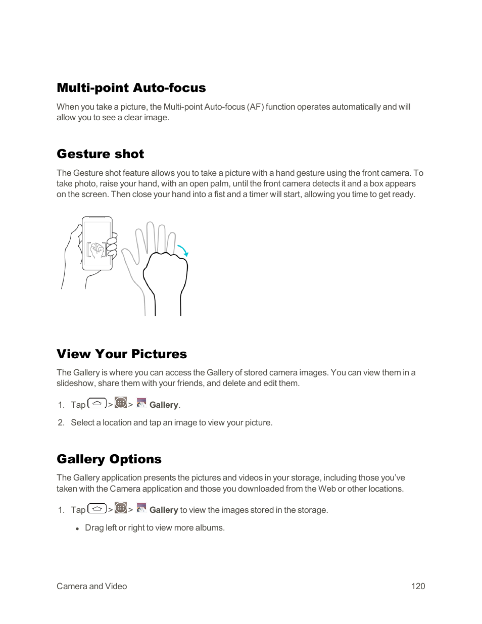 Multi-point auto-focus, Gesture shot, View your pictures | Gallery options | LG G3 Vigor User Manual | Page 129 / 199