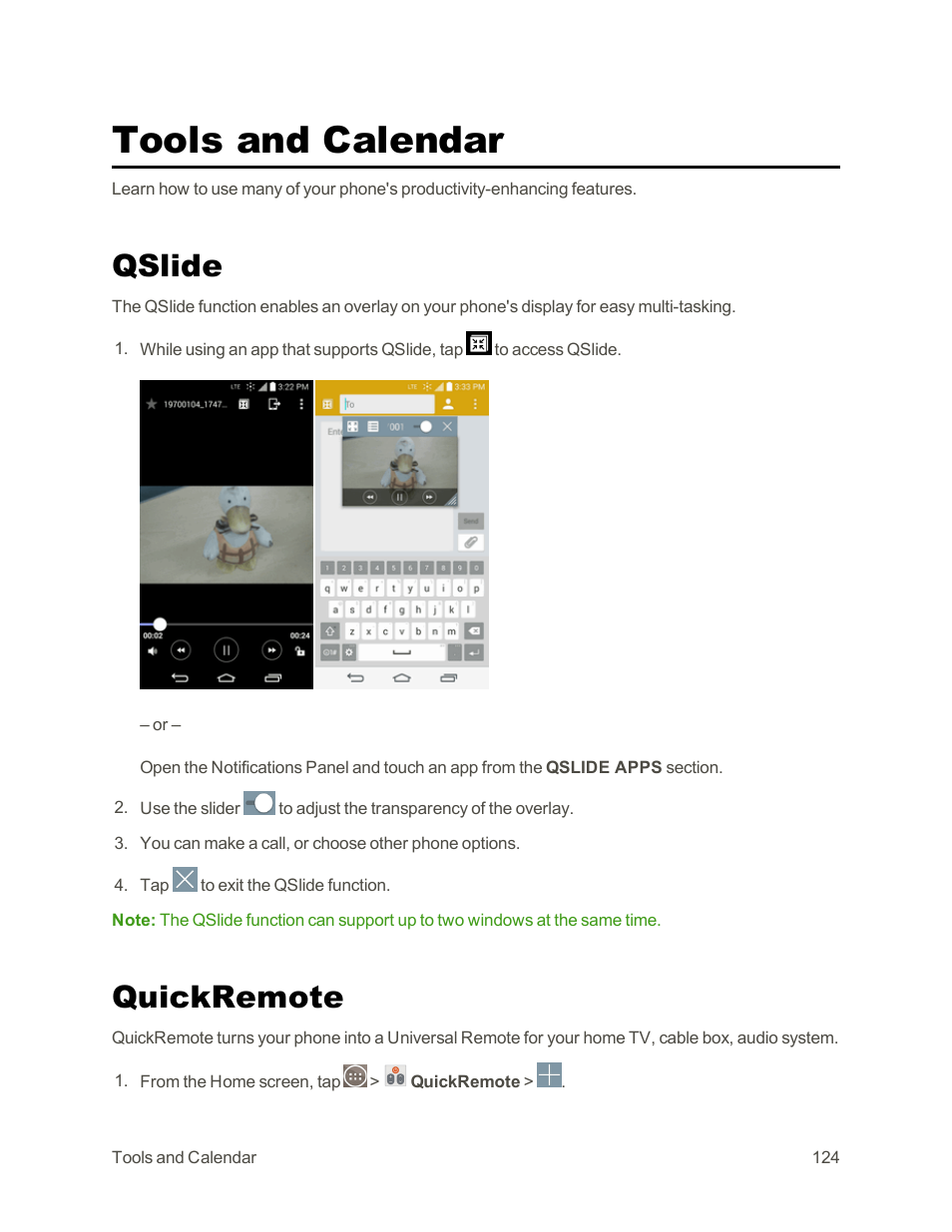Tools and calendar, Qslide, Quickremote | LG G3 Vigor User Manual | Page 133 / 199