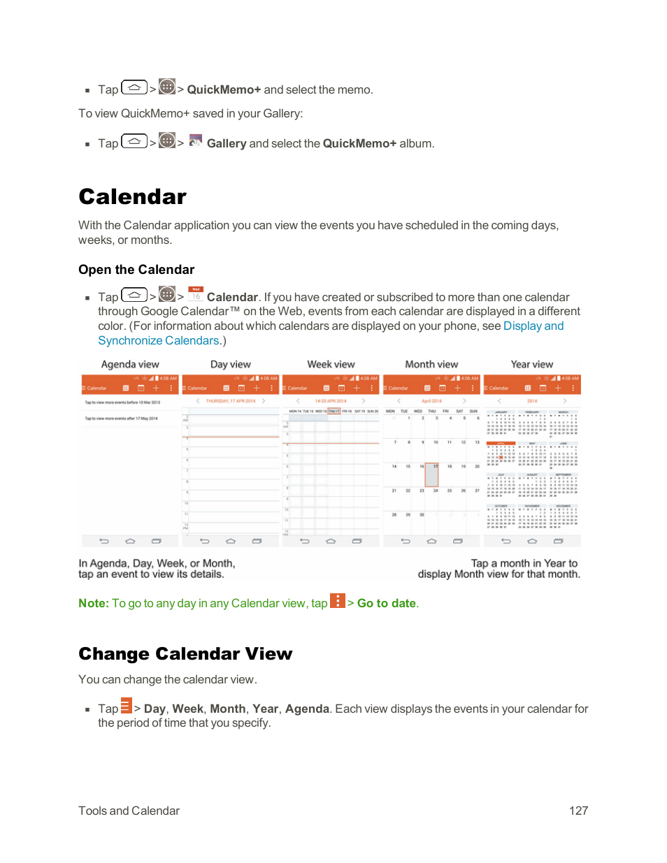 Calendar, Change calendar view | LG G3 Vigor User Manual | Page 136 / 199