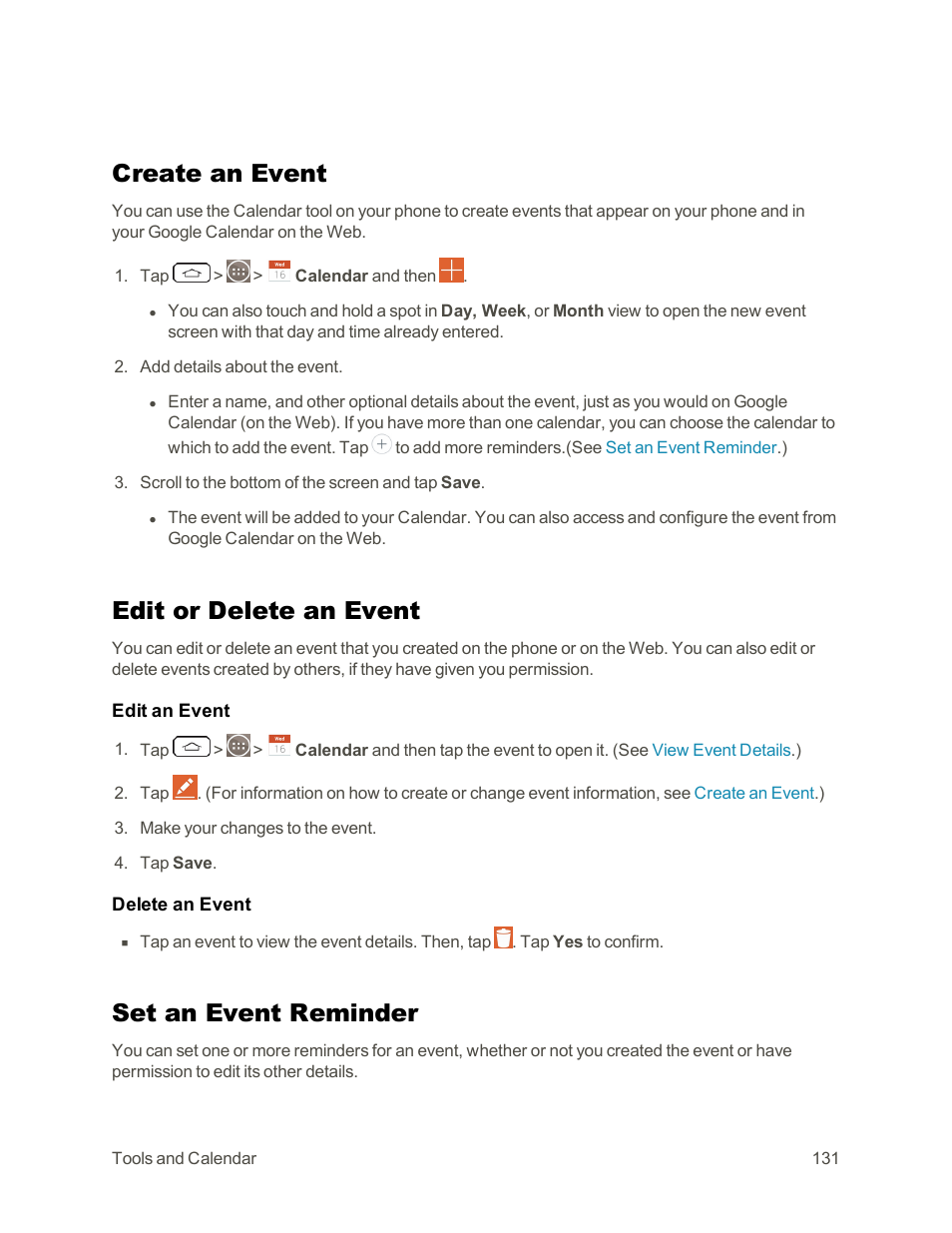 Create an event, Edit or delete an event, Set an event reminder | LG G3 Vigor User Manual | Page 140 / 199