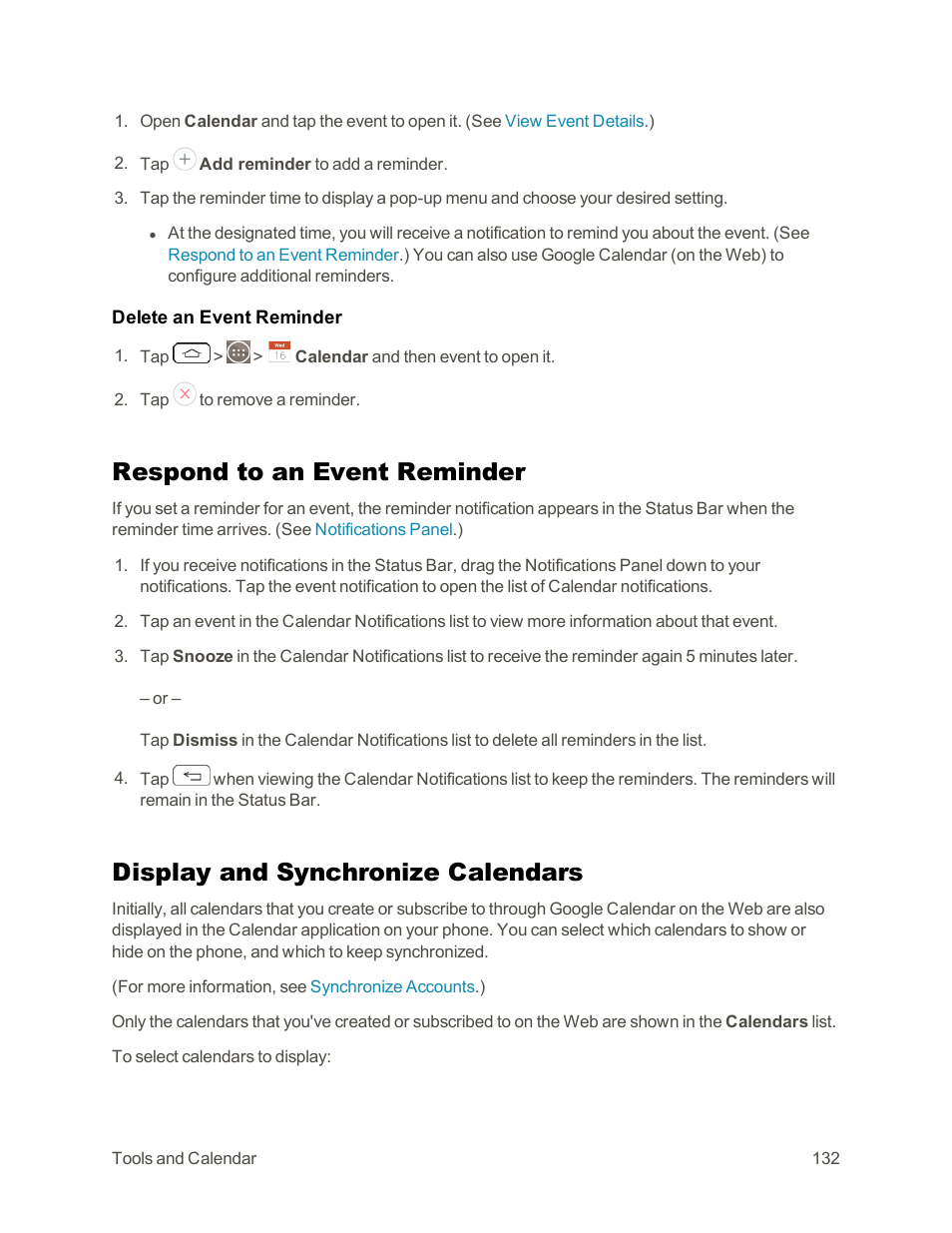 Respond to an event reminder, Display and synchronize calendars, Display and | Synchronize calendars | LG G3 Vigor User Manual | Page 141 / 199