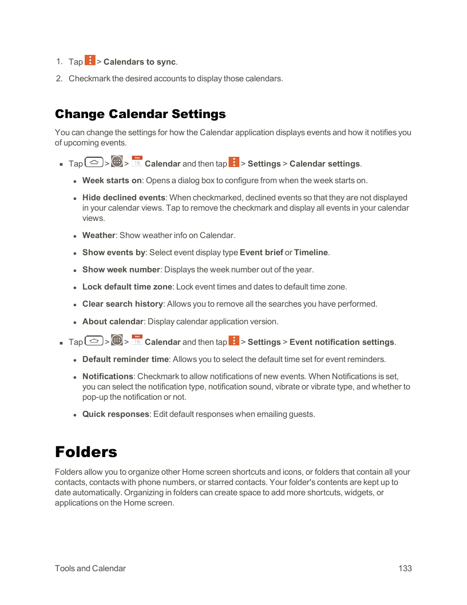 Change calendar settings, Folders | LG G3 Vigor User Manual | Page 142 / 199