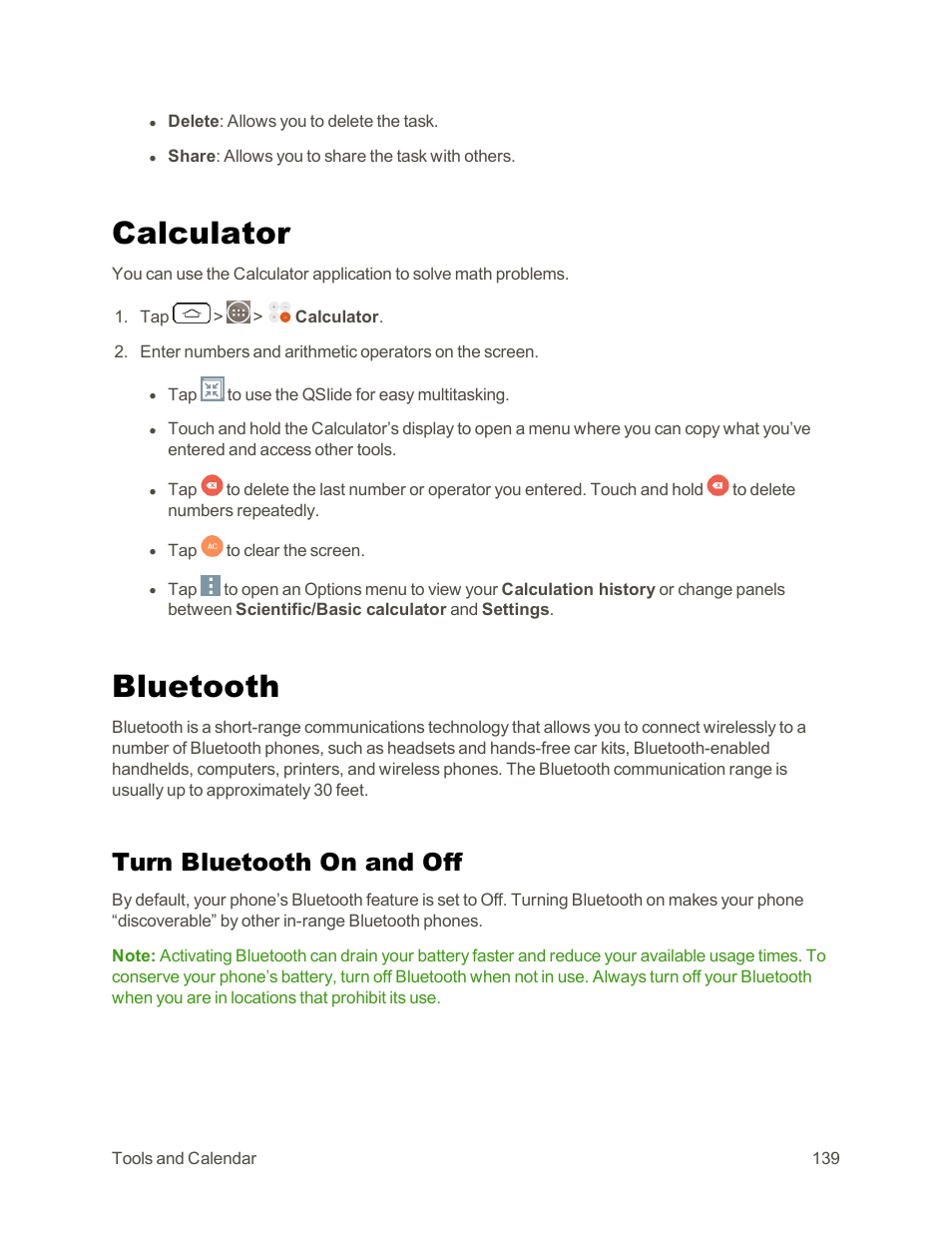 Calculator, Bluetooth, Turn bluetooth on and off | LG G3 Vigor User Manual | Page 148 / 199