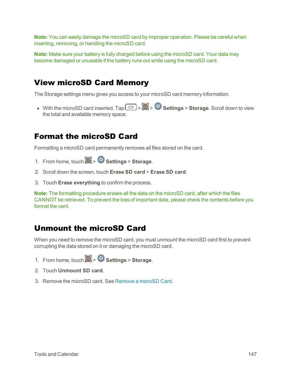 View microsd card memory, Format the microsd card, Unmount the microsd card | LG G3 Vigor User Manual | Page 156 / 199