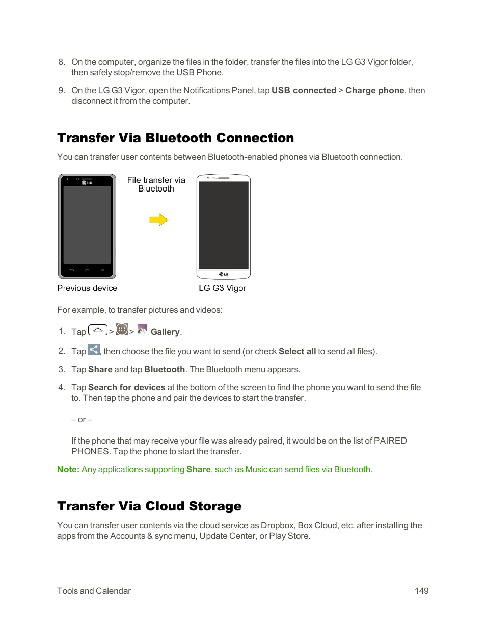 Transfer via bluetooth connection, Transfer via cloud storage | LG G3 Vigor User Manual | Page 158 / 199