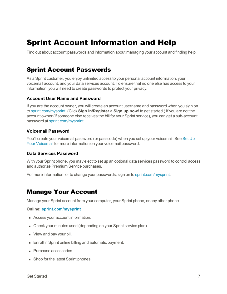Sprint account information and help, Sprint account passwords, Manage your account | LG G3 Vigor User Manual | Page 16 / 199