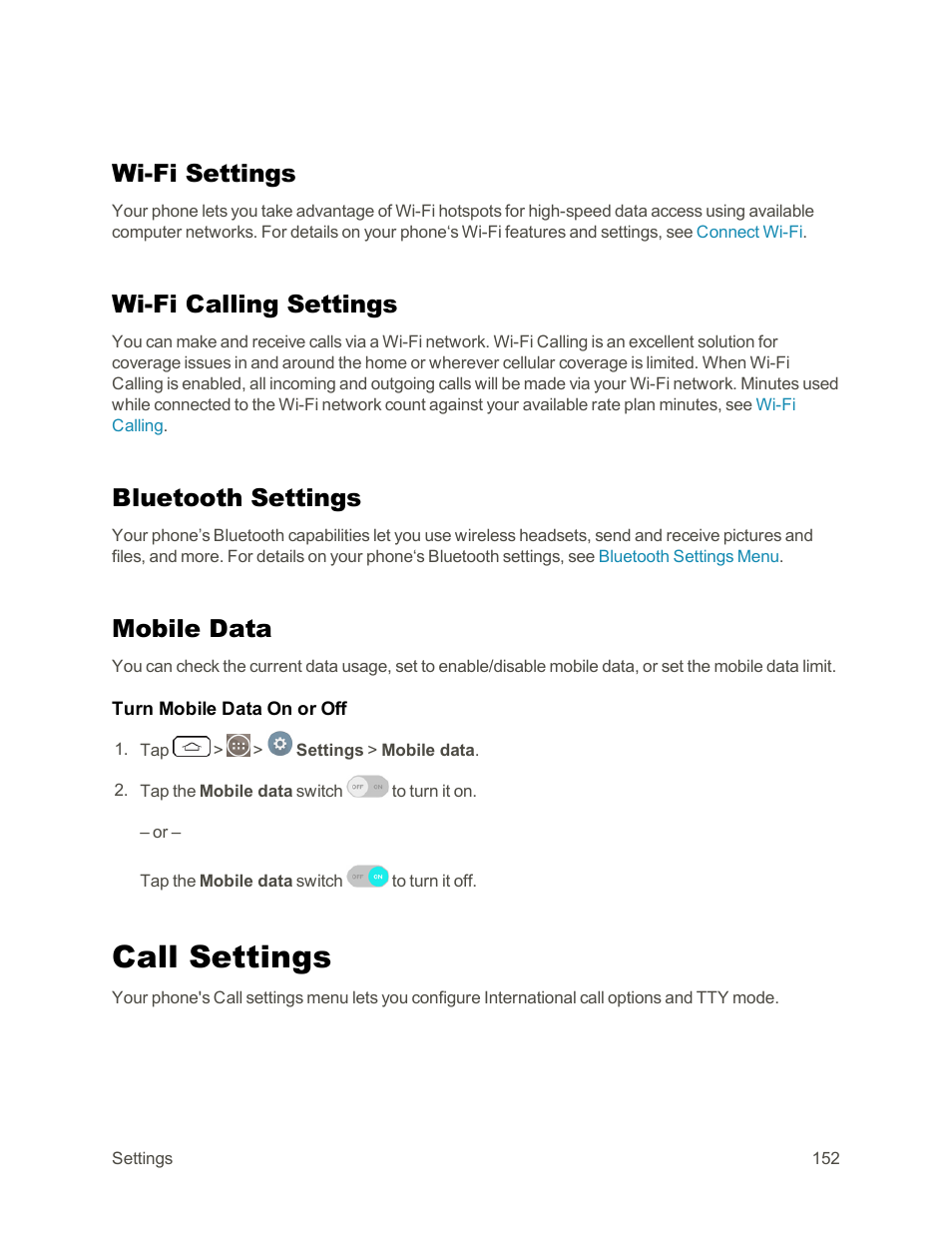 Wi-fi settings, Wi-fi calling settings, Bluetooth settings | Mobile data, Call settings | LG G3 Vigor User Manual | Page 161 / 199