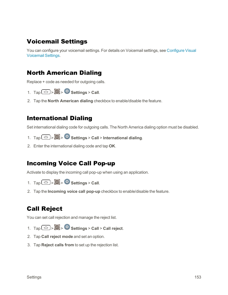 Voicemail settings, North american dialing, International dialing | Incoming voice call pop-up, Call reject | LG G3 Vigor User Manual | Page 162 / 199