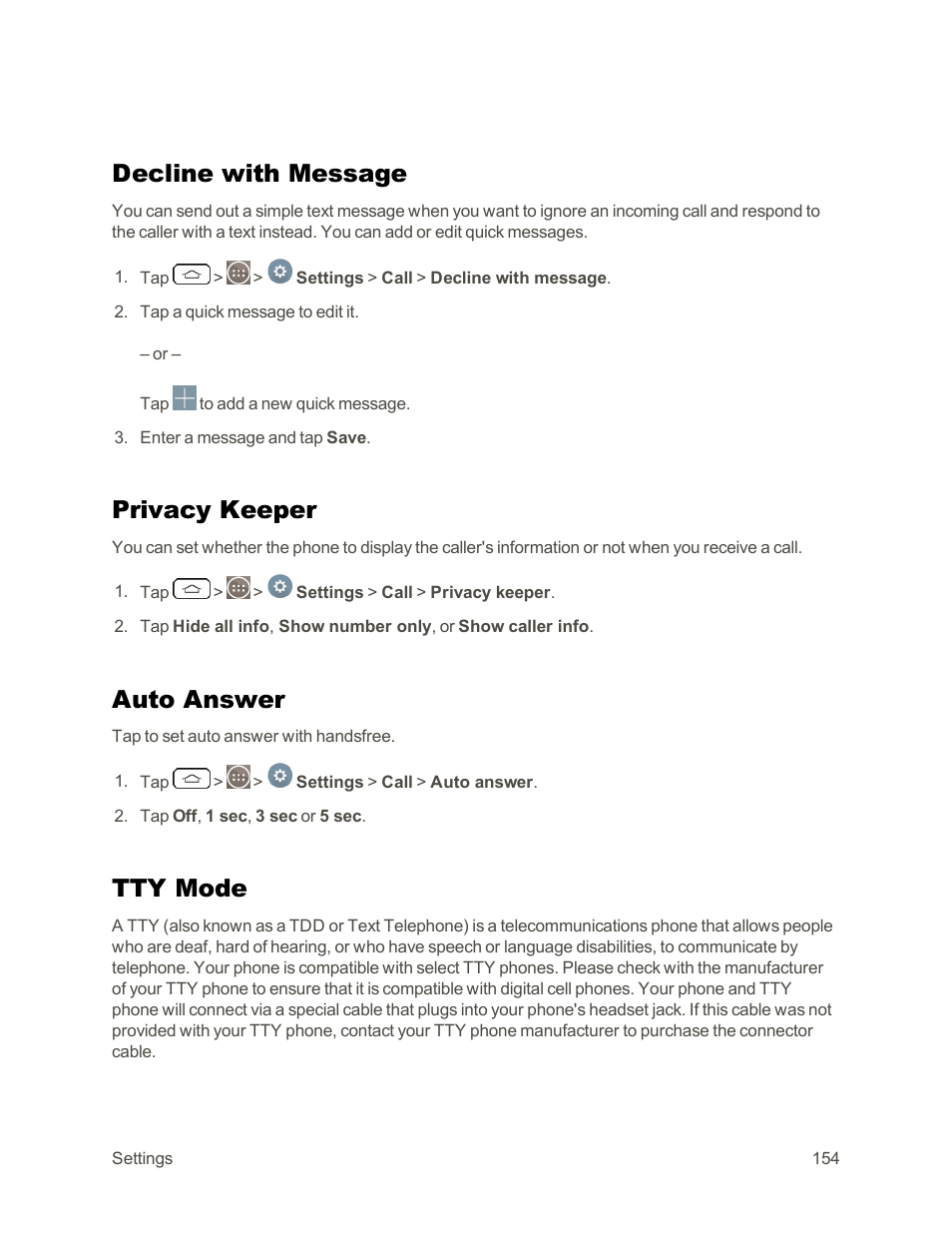 Decline with message, Privacy keeper, Auto answer | Tty mode | LG G3 Vigor User Manual | Page 163 / 199