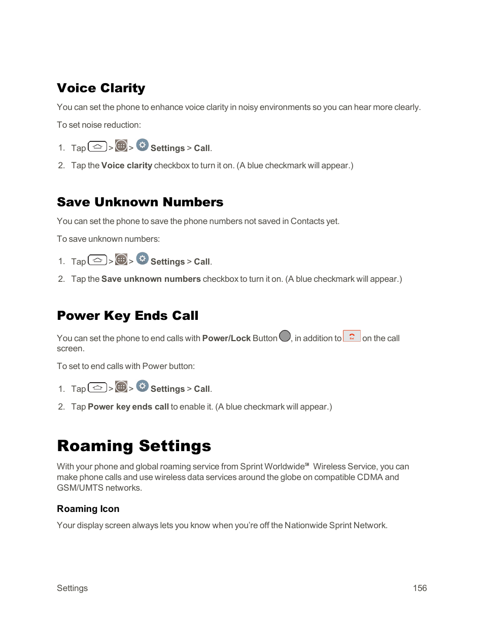 Voice clarity, Save unknown numbers, Power key ends call | Roaming settings | LG G3 Vigor User Manual | Page 165 / 199