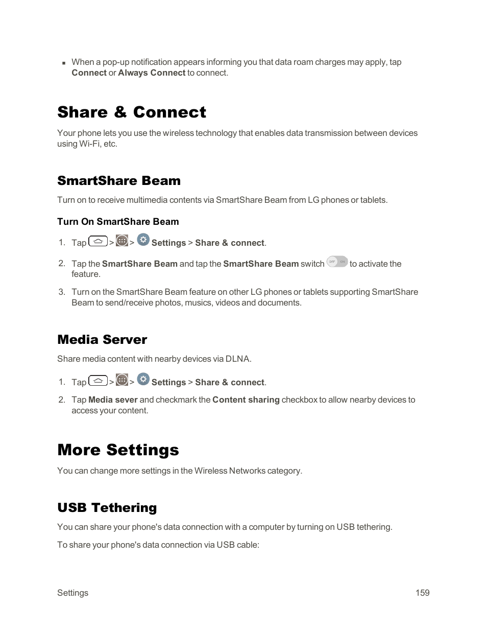 Share & connect, Smartshare beam, Media server | More settings, Usb tethering | LG G3 Vigor User Manual | Page 168 / 199