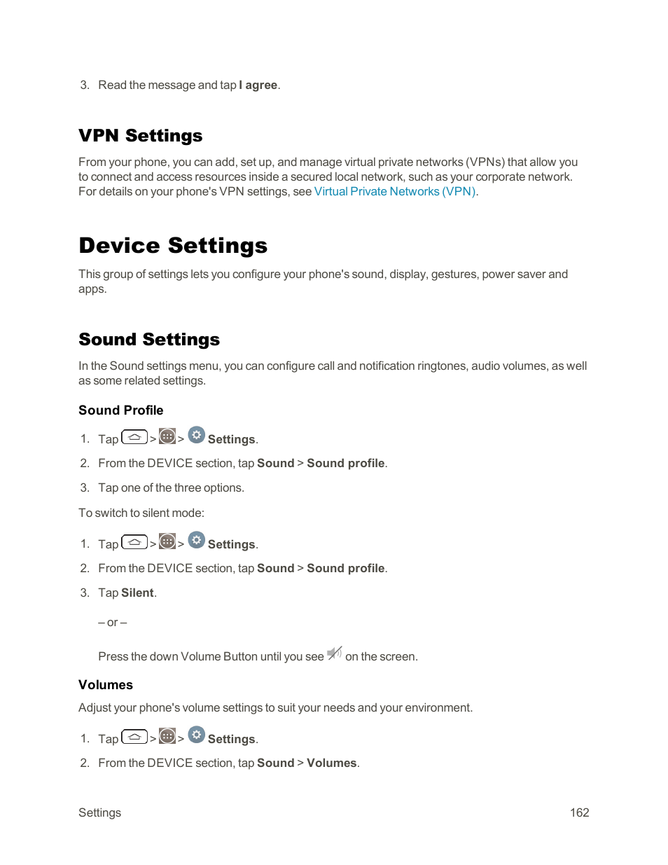 Vpn settings, Device settings, Sound settings | Sound, Settings | LG G3 Vigor User Manual | Page 171 / 199