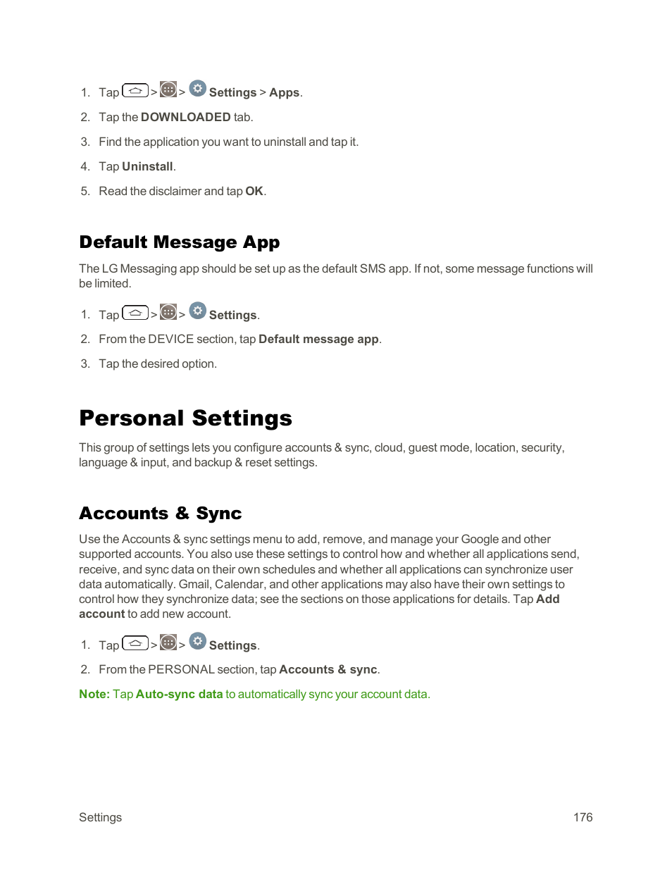 Default message app, Personal settings, Accounts & sync | LG G3 Vigor User Manual | Page 185 / 199