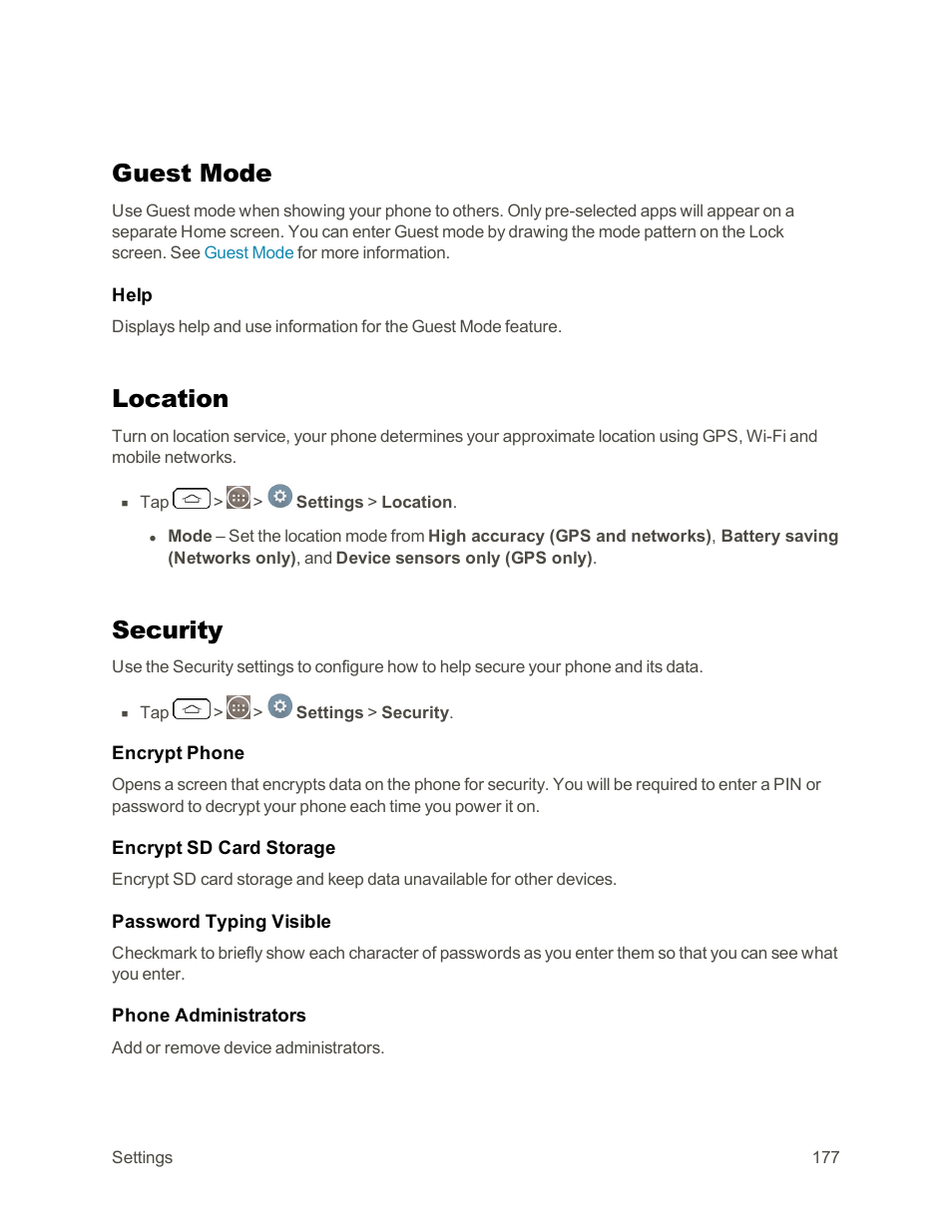 Guest mode, Location, Security | LG G3 Vigor User Manual | Page 186 / 199