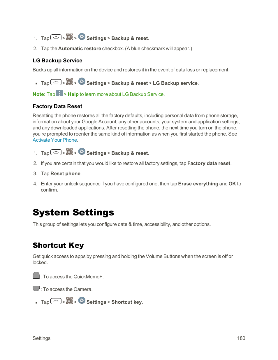 System settings, Shortcut key | LG G3 Vigor User Manual | Page 189 / 199