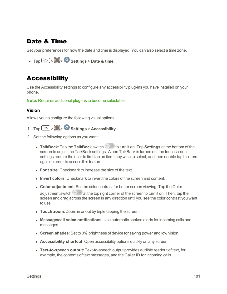 Date & time, Accessibility | LG G3 Vigor User Manual | Page 190 / 199