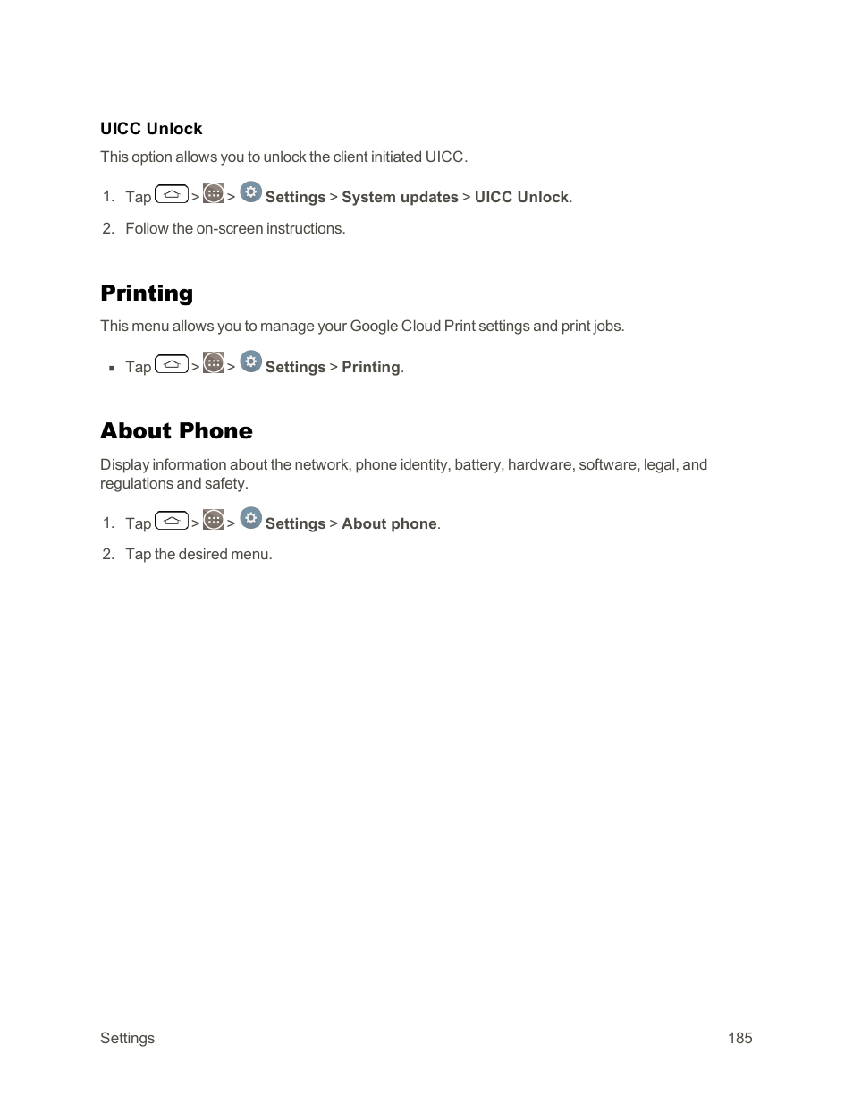 Printing, About phone | LG G3 Vigor User Manual | Page 194 / 199