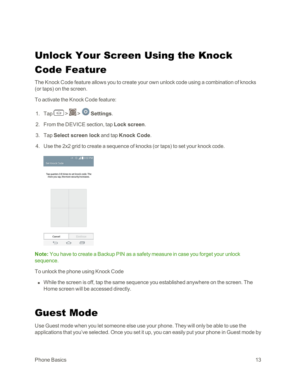 Unlock your screen using the knock code feature, Guest mode | LG G3 Vigor User Manual | Page 22 / 199