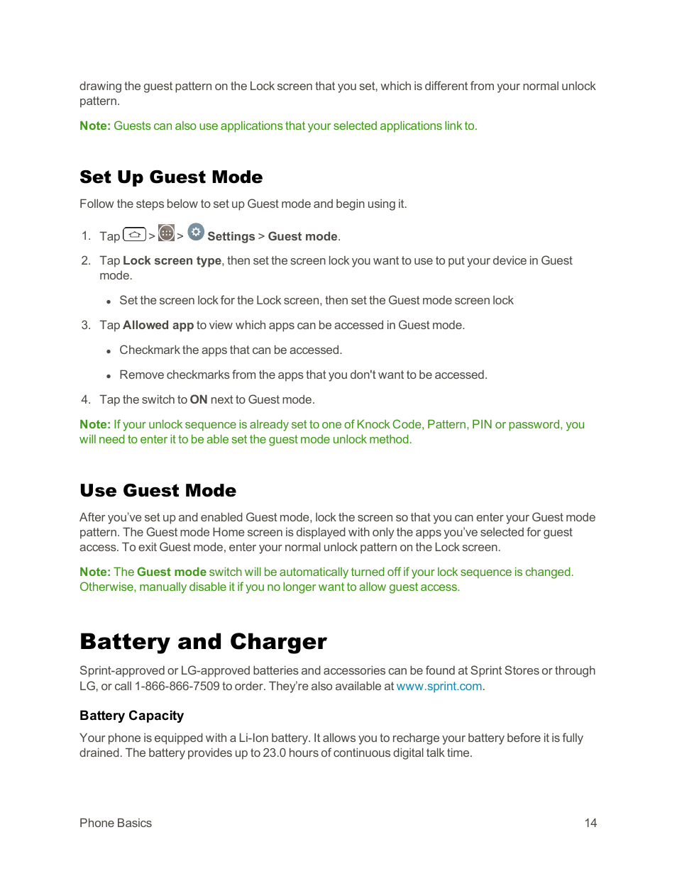 Set up guest mode, Use guest mode, Battery and charger | LG G3 Vigor User Manual | Page 23 / 199