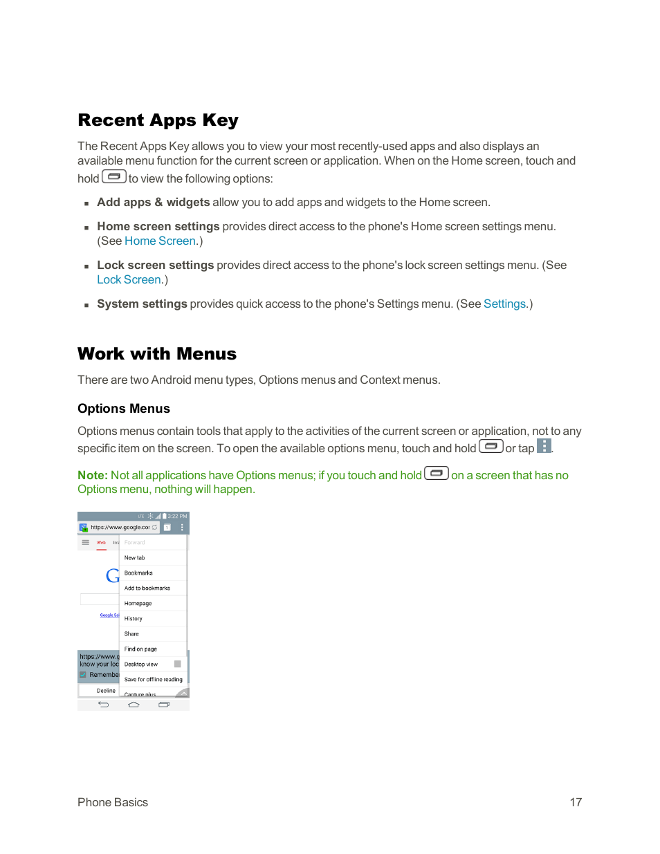 Recent apps key, Work with menus | LG G3 Vigor User Manual | Page 26 / 199