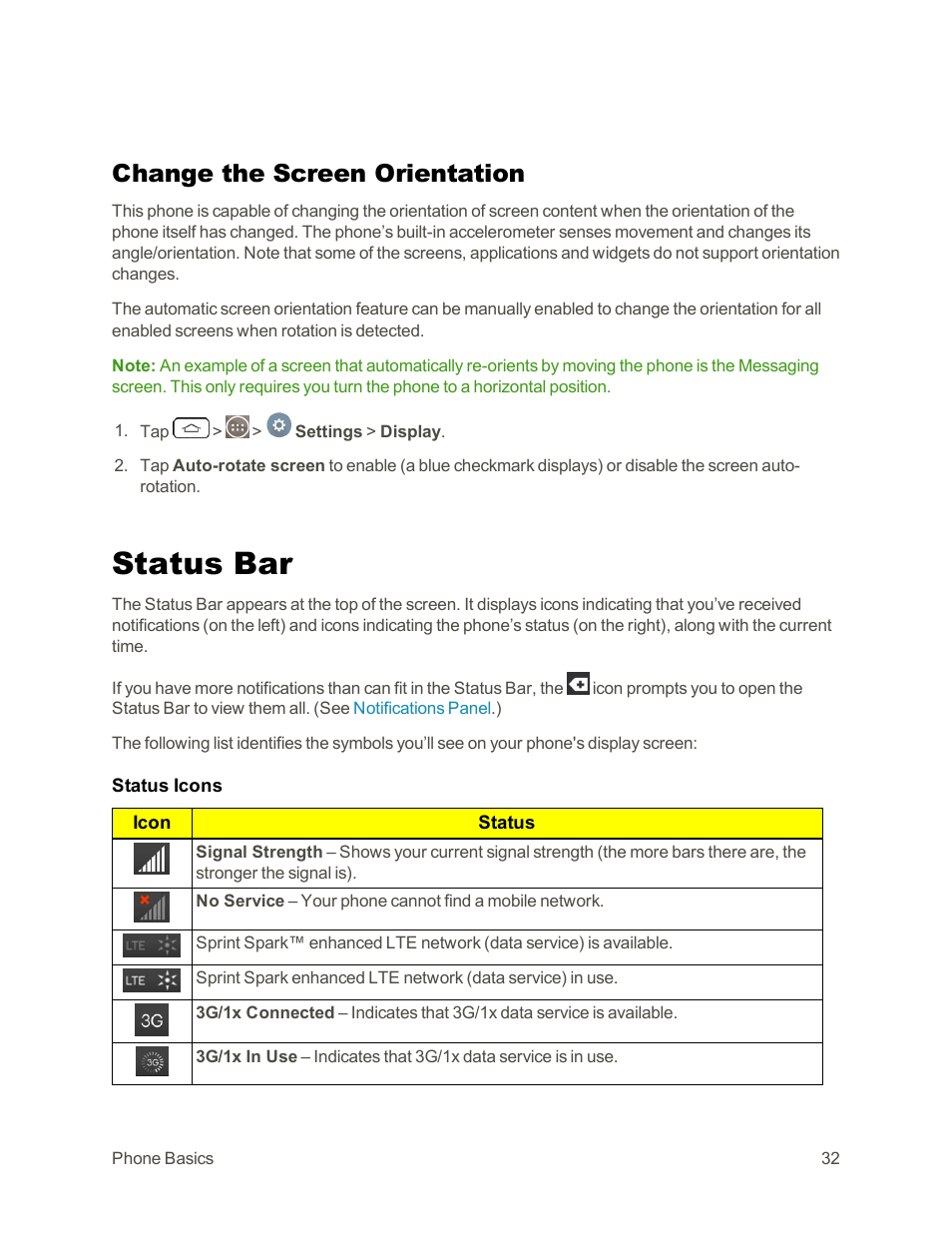 Change the screen orientation, Status bar | LG G3 Vigor User Manual | Page 41 / 199