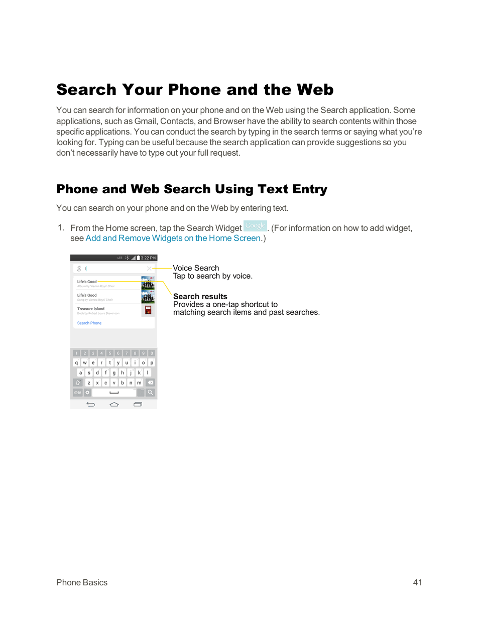 Search your phone and the web, Phone and web search using text entry | LG G3 Vigor User Manual | Page 50 / 199