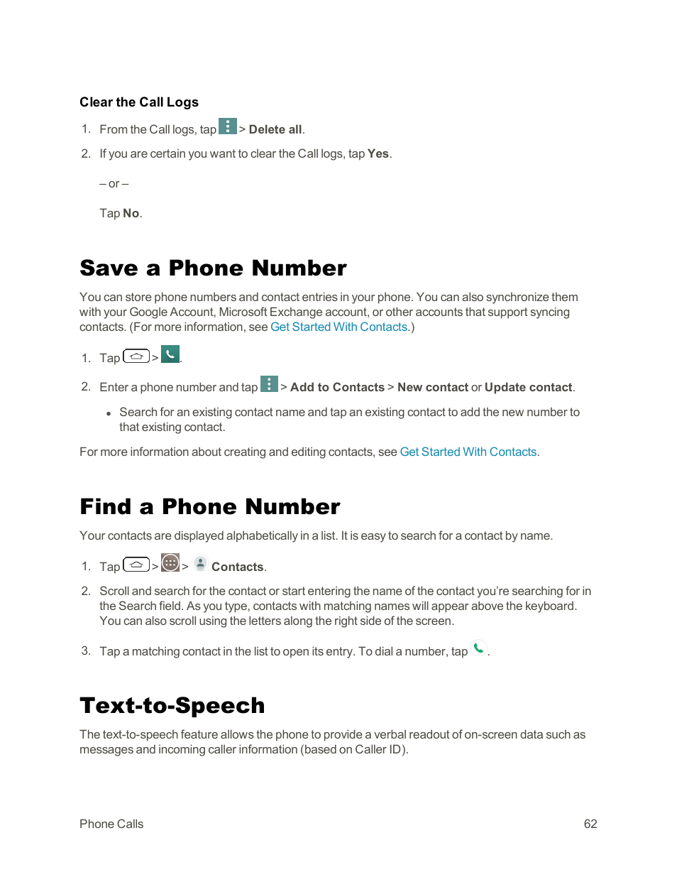 Save a phone number, Find a phone number, Text-to-speech | LG G3 Vigor User Manual | Page 71 / 199