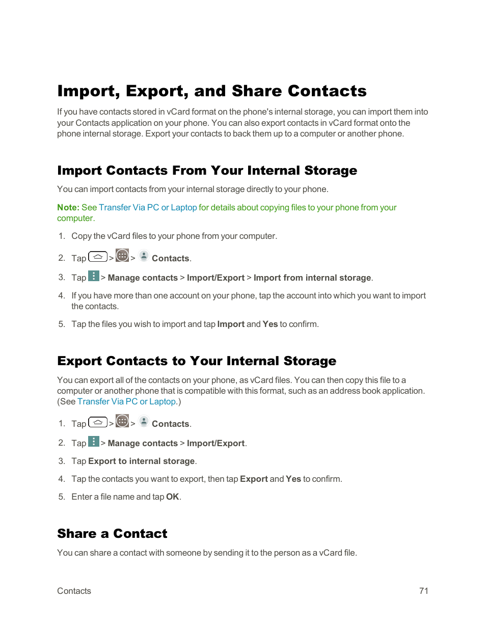 Import, export, and share contacts, Import contacts from your internal storage, Export contacts to your internal storage | Share a contact | LG G3 Vigor User Manual | Page 80 / 199
