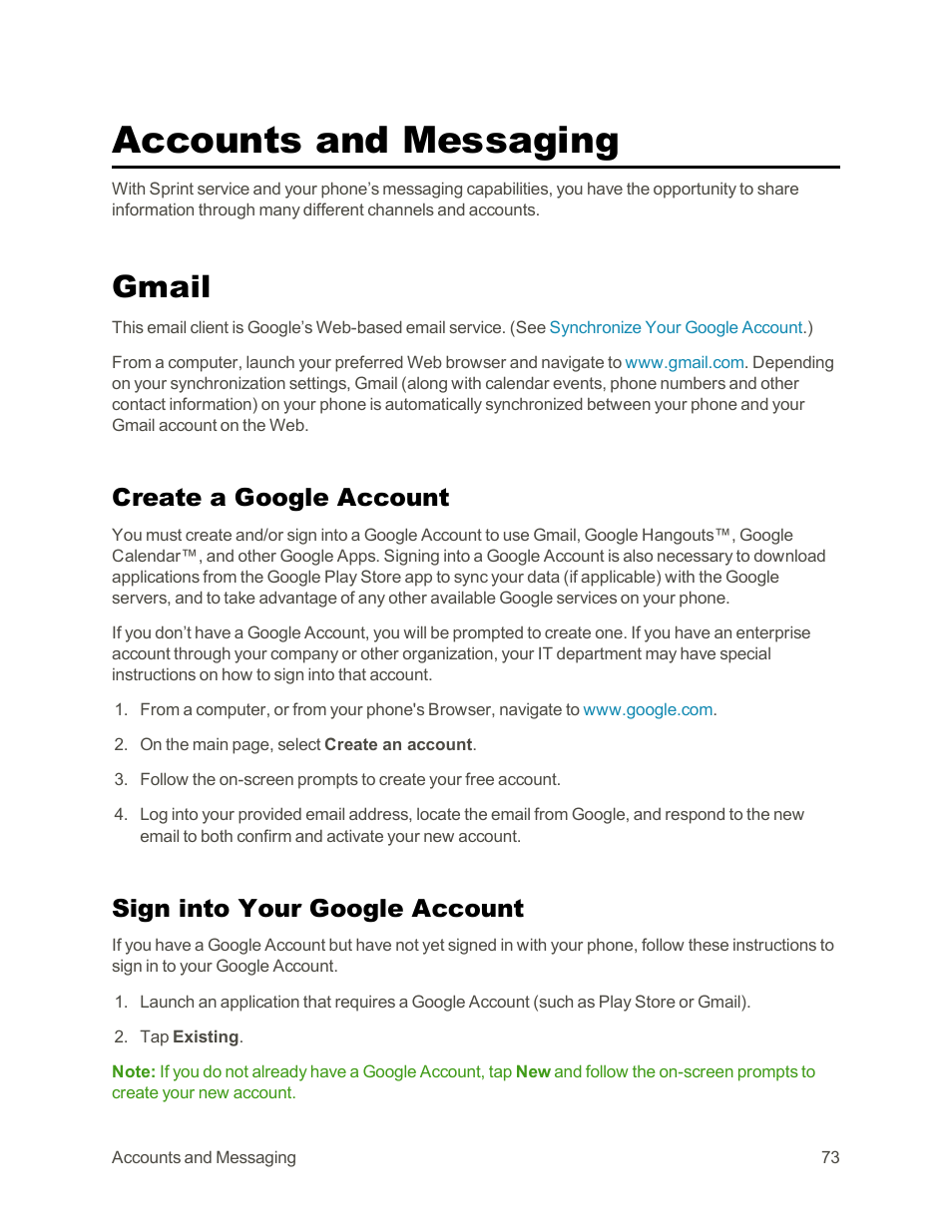 Accounts and messaging, Gmail, Create a google account | Sign into your google account | LG G3 Vigor User Manual | Page 82 / 199