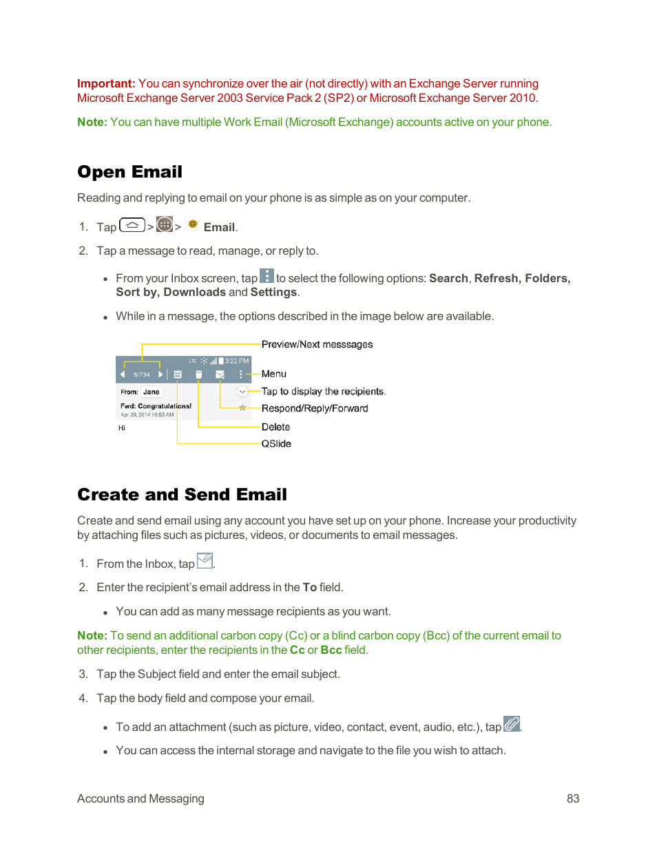 Open email, Create and send email | LG G3 Vigor User Manual | Page 92 / 199